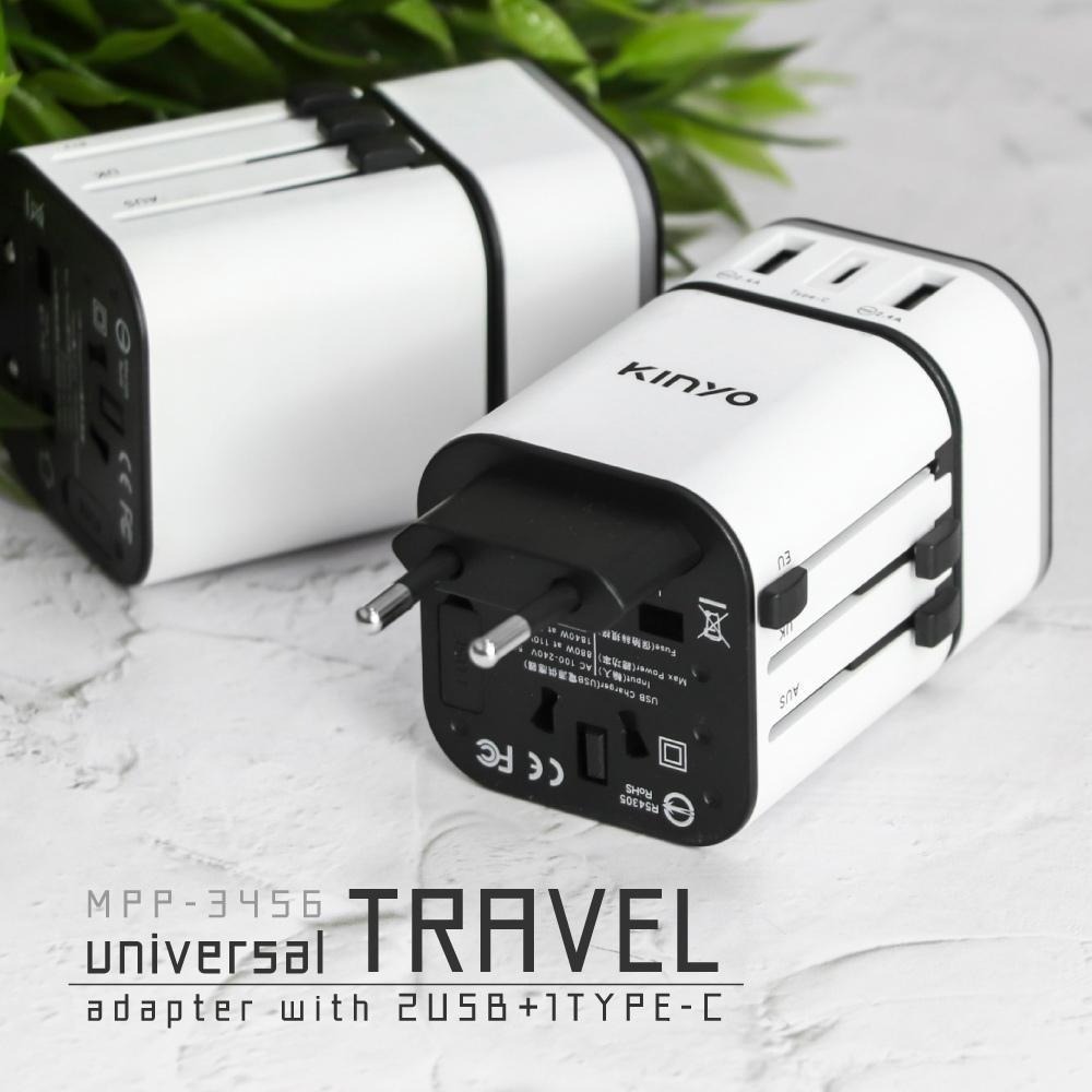 含稅全新原廠保固一年KINYO大電流3.4A萬國旅行2USB+1TypeC轉接插頭充電器充電頭(MPP-3456-1)-細節圖2