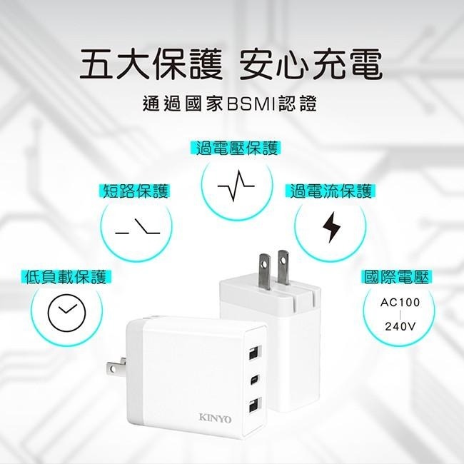 含稅原廠保固一年KINYO雙孔USB+TypeC防過壓過流短路快速充電器(CUH-5355)-細節圖3