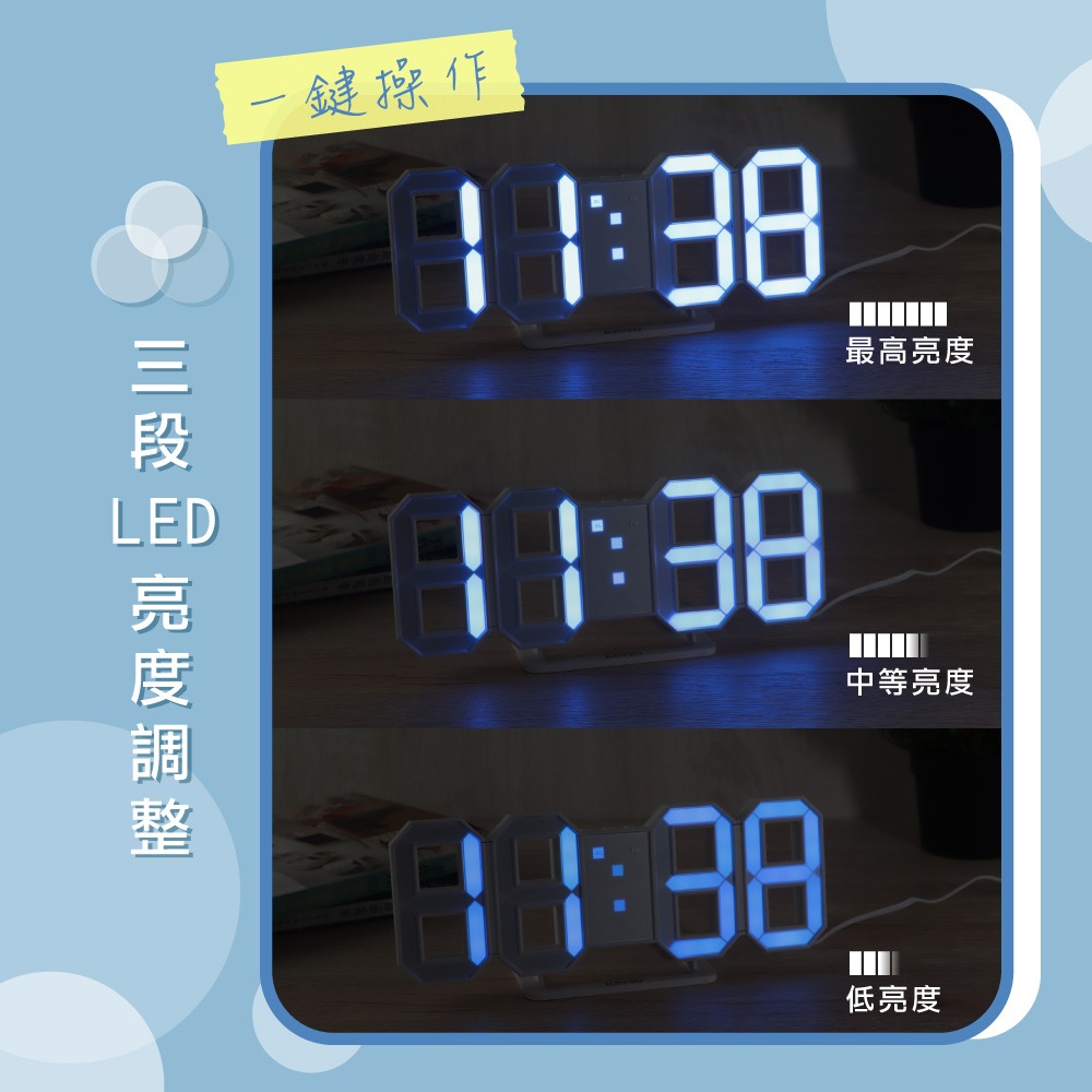含稅全新原廠保固一年KINYO白光立體3D數字3段亮度LED鬧鐘貪睡電子鐘壁掛鐘(TD-395)-細節圖3