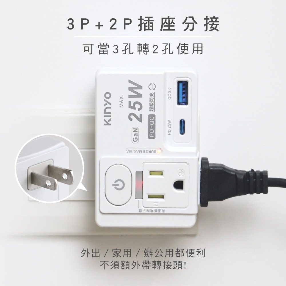 含稅全新原廠保固一年KINYO單開2插座快充PD25W+QC3.0自動斷電防雷擊擴充插頭插座延長線(GIU-PD225)-細節圖3