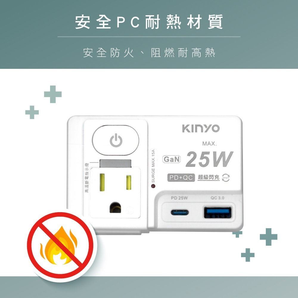 含稅全新原廠保固一年KINYO單開2插座快充PD25W+QC3.0自動斷電防雷擊擴充插頭插座延長線(GIU-PD225)-細節圖8