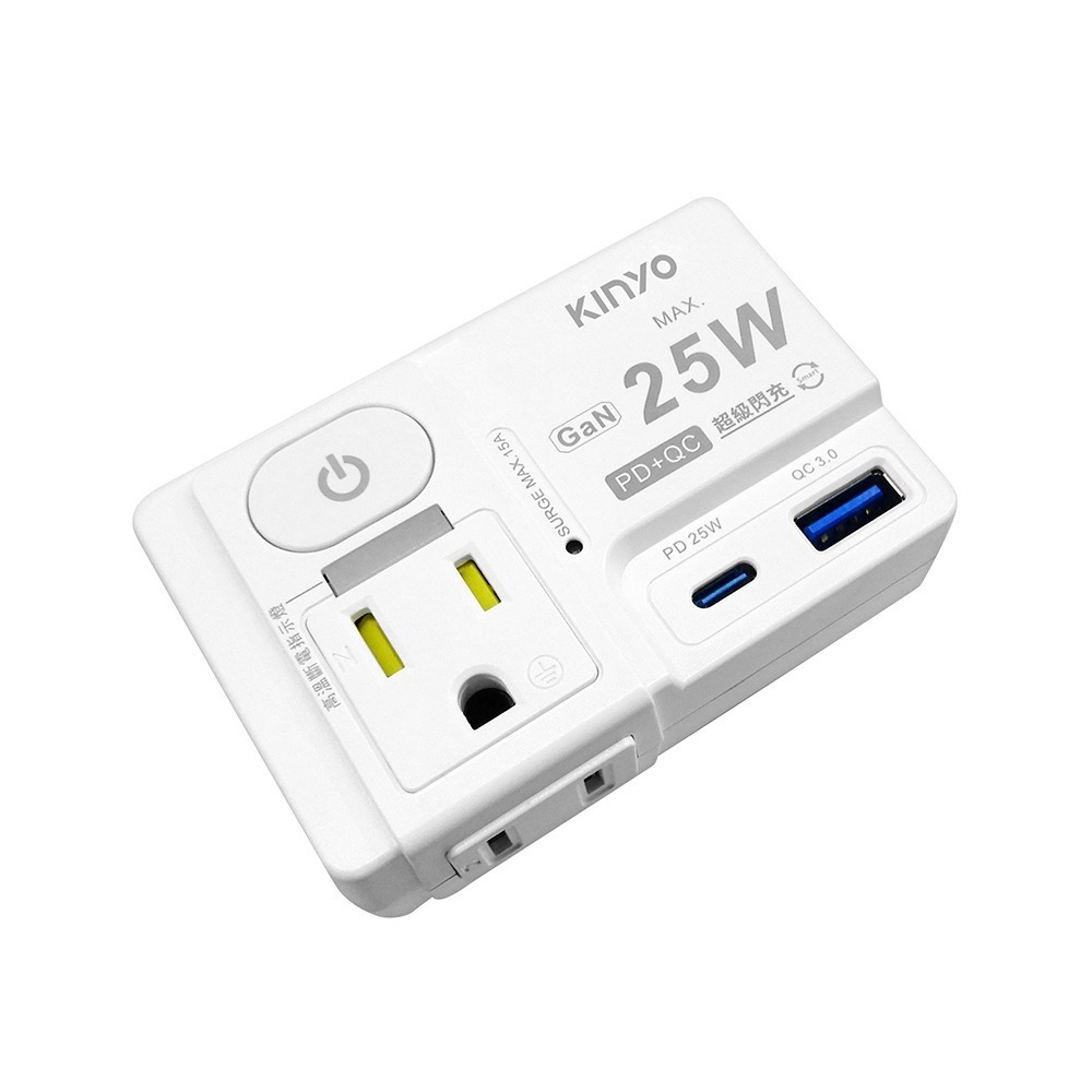 含稅全新原廠保固一年KINYO單開2插座快充PD25W+QC3.0自動斷電防雷擊擴充插頭插座延長線(GIU-PD225)-細節圖11