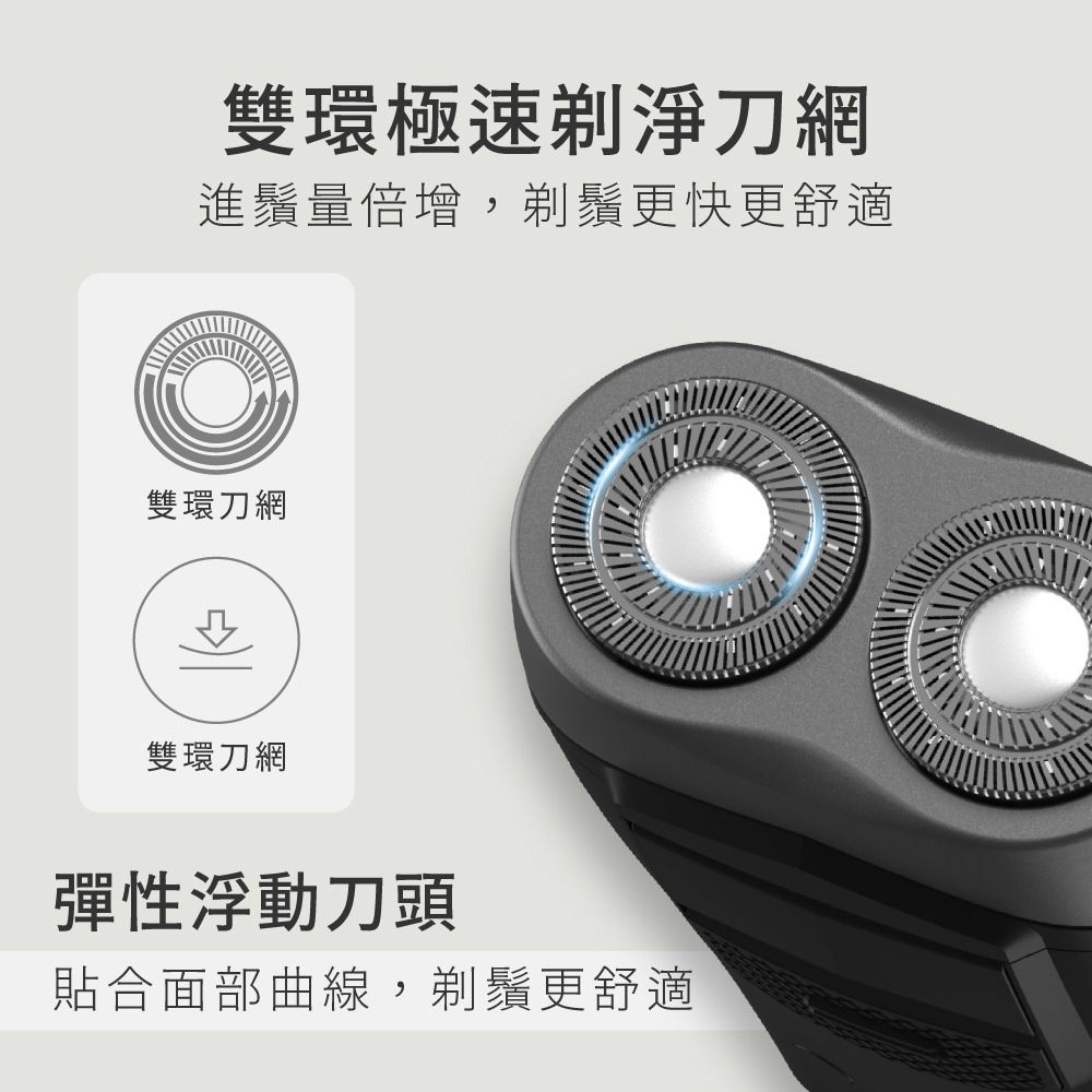 含稅全新原廠保固一年KINYO充電式高續航浮動雙環2D雙刀頭帶鬢角刀電動刮鬍刀剃鬚器(NKS-601)-細節圖3