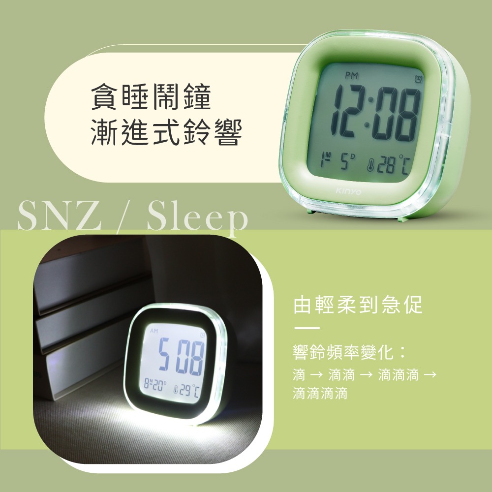 含稅全新原廠保固一年KINYO電池USB雙供電大字幕日期時間溫度小夜燈背光電子鐘貪睡鬧鐘(TD-400)-細節圖4