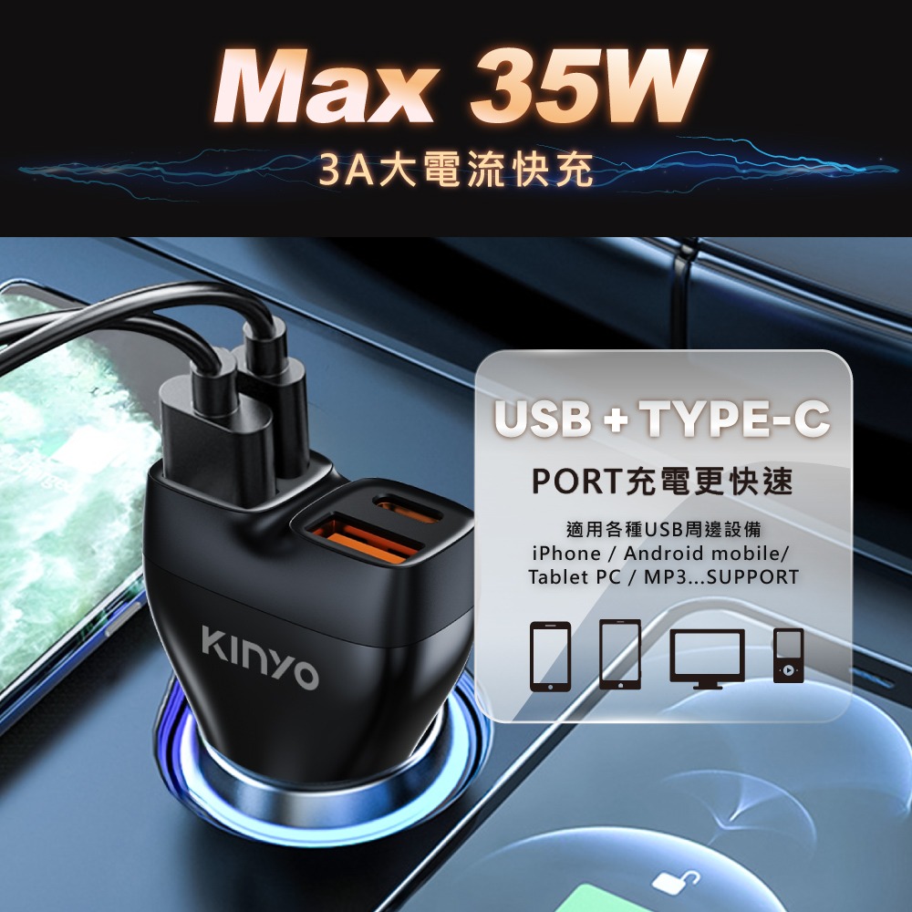 含稅全新原廠保固一年KINYO快充PD 35W雙USB雙TYPEC多重保護車用充電器擴充點煙器插座(CU-90)-細節圖2