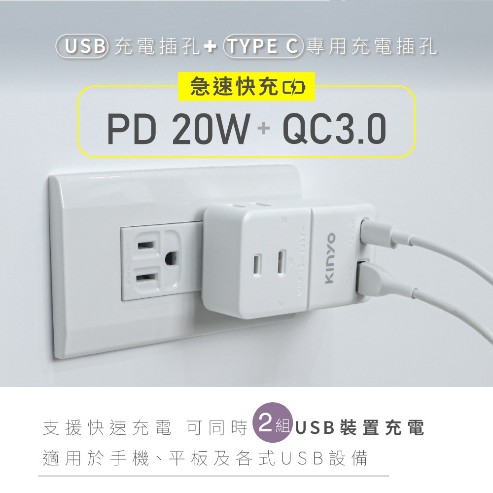 含稅全新原廠保固一年KINYO台灣製造3插座加快充PD20W加QC3.0大小腳轉換轉接插座插頭(NDRPD-232)-細節圖2