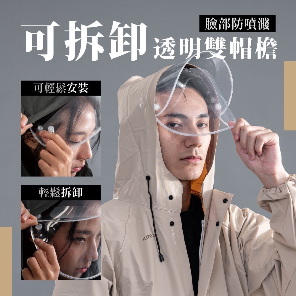 含稅全新原廠保固一年KINYO防暴雨級兩件式套裝高彈性透明雙帽沿反光條鬆緊袖口雨衣(RCT-685)-細節圖5