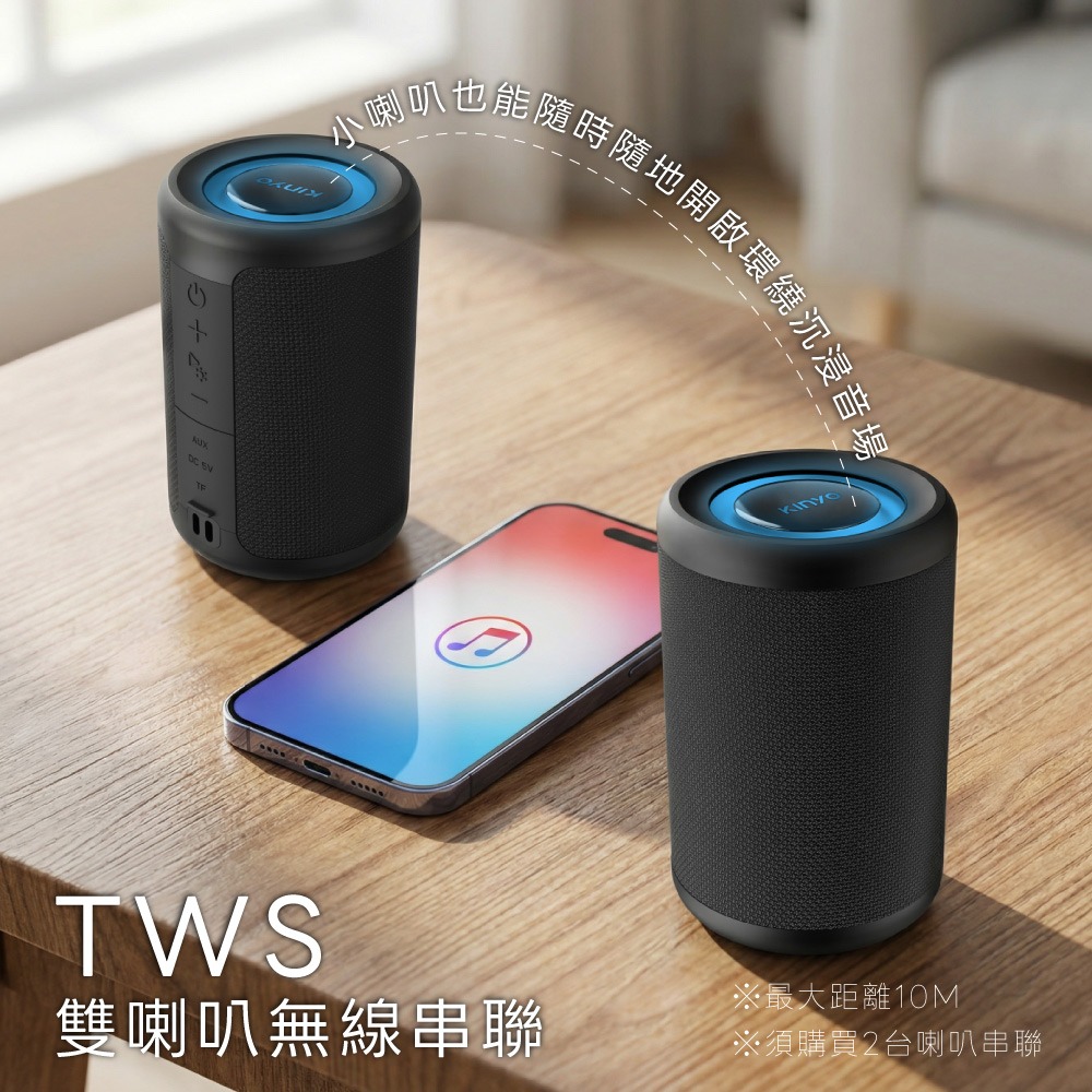 含稅全新原廠保固一年KINYO強化低音大電量炫光TWS串聯技術藍芽5.4讀卡音箱喇叭音響(NS-60)-細節圖6