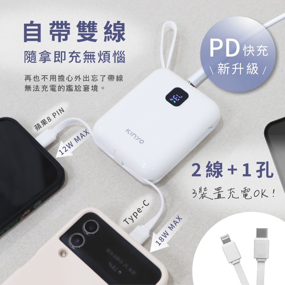 含稅全新原廠保固一年自帶線KINYO智能低壓PD/QC快充安規認證八重保護行動電源充電寶器(NKPB-4341)-細節圖2