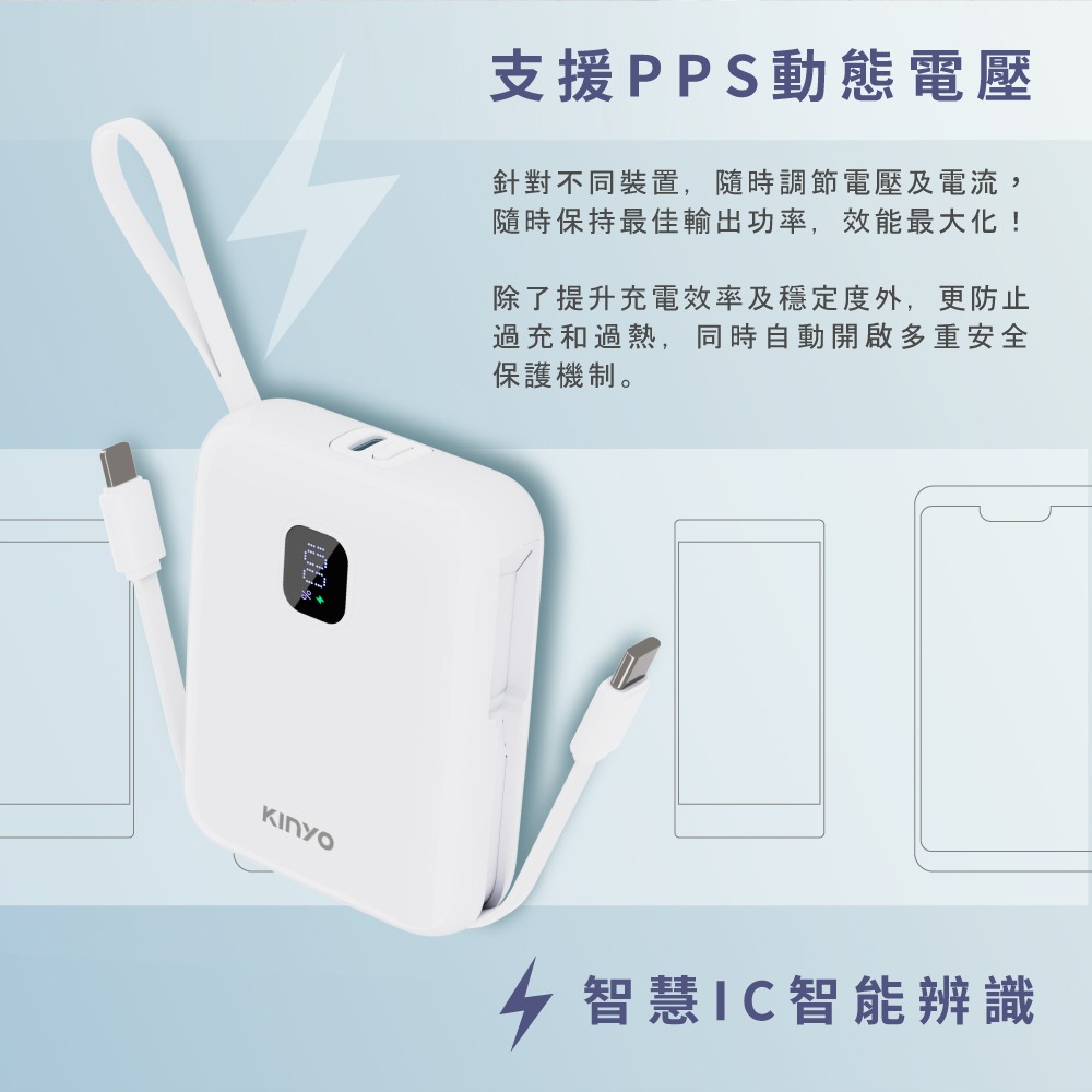 含稅全新原廠保固一年自帶線KINYO智能低壓PD/QC快充安規認證八重保護行動電源充電寶器(NKPB-4341)-細節圖6