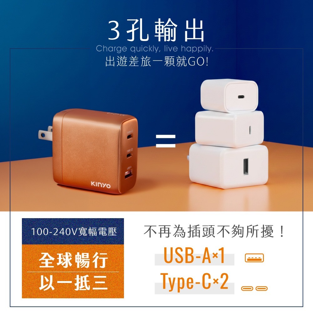 全新原廠保固一年KINYO全球電壓氮化鎵65W急快充PD加雙Type C多重保護充電器充電頭(PDCB-465)-細節圖4