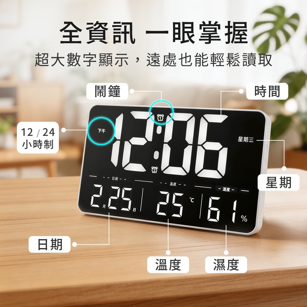 含稅全新原廠保固一年KINYO遙控寬屏鏡面USB插電大螢幕萬年曆溫濕度鬧鐘桌掛兩用電子鐘壁掛鐘(TD-3031)-細節圖2