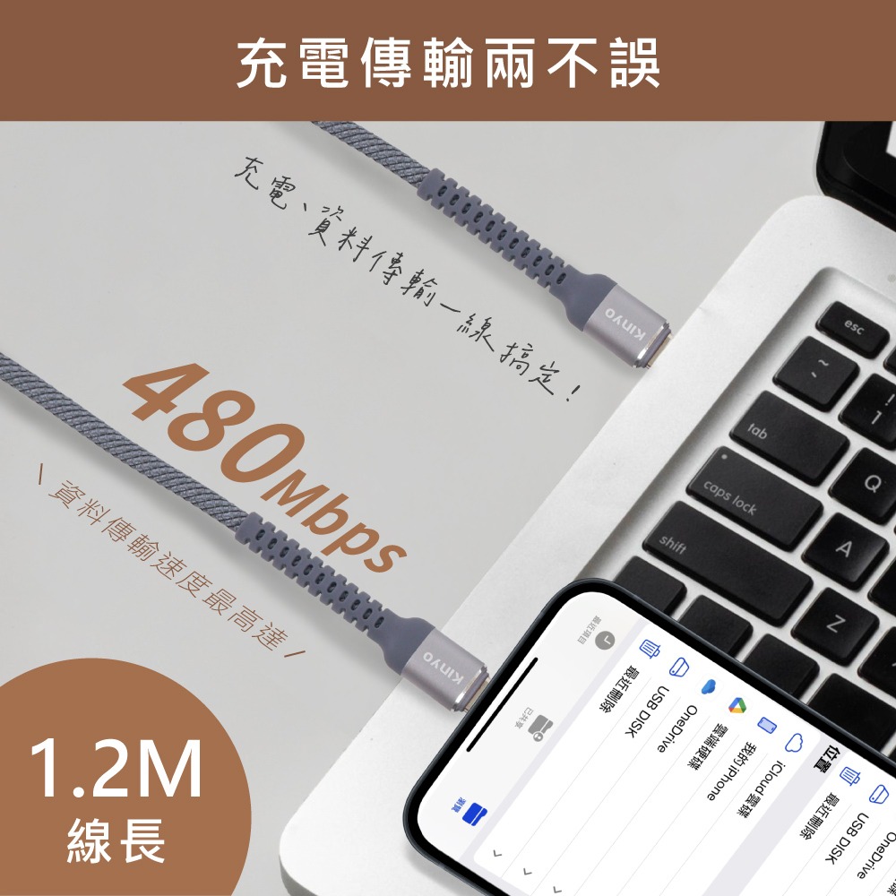 含稅原廠保固一年KINYO台灣製240W快充PD長1.2米TypeC to8PIN充電線資料傳輸線USB-NAC17-細節圖7