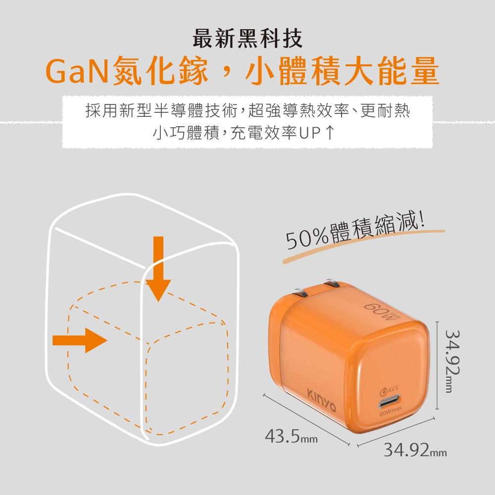 含稅全新原廠保固一年送60W快充線KINYO全球電壓60W氮化鎵TYPEC急速充10重保護充電器充電頭APDCB-460-細節圖3