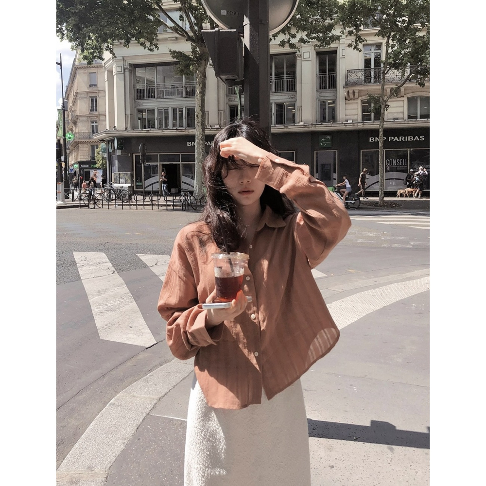 🍂 正韓製秋季法風紋路襯衫 shirt 3色 ( slowand 自訂款 ) 長袖 上衣 中短版 外套-細節圖9