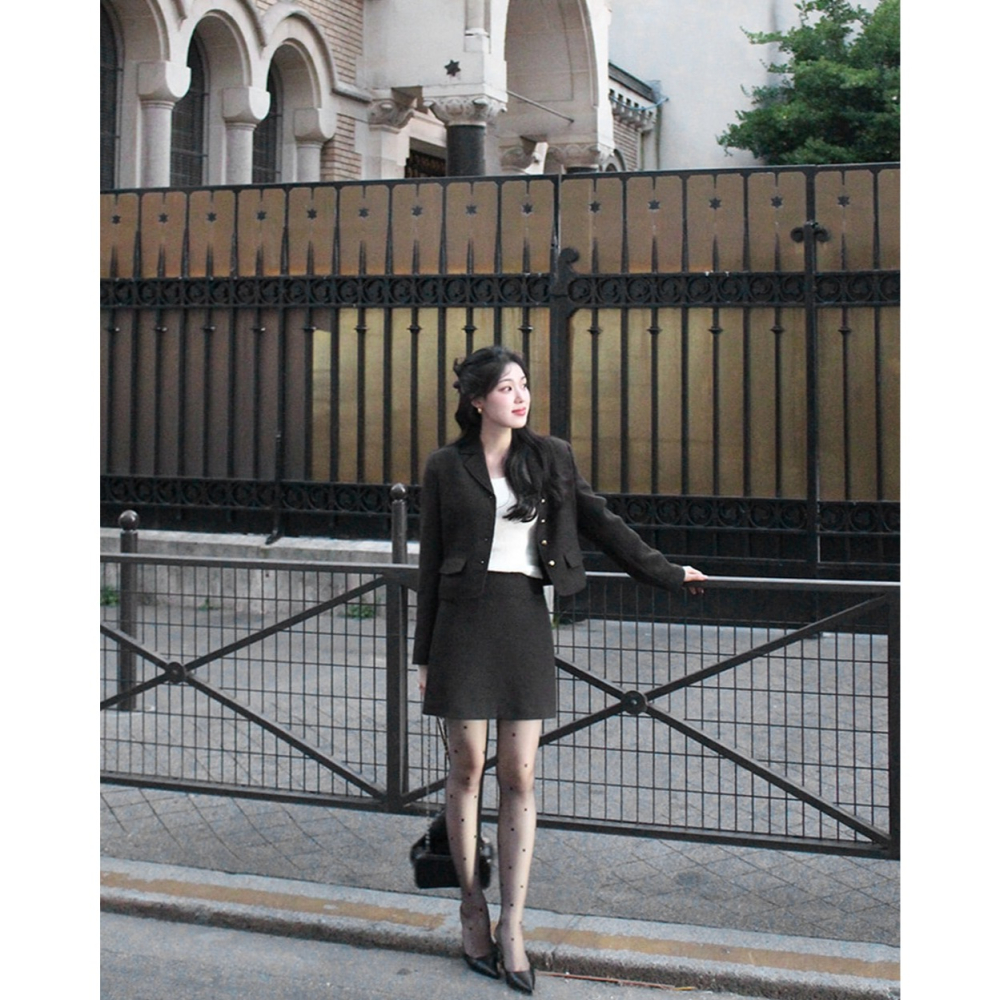 可單買✿ 秋冬經典粗花呢套裝 （ slowand 自訂款 ） 長袖外套 夾克 短裙 迷你裙 有墊肩 中短版 修身-細節圖6