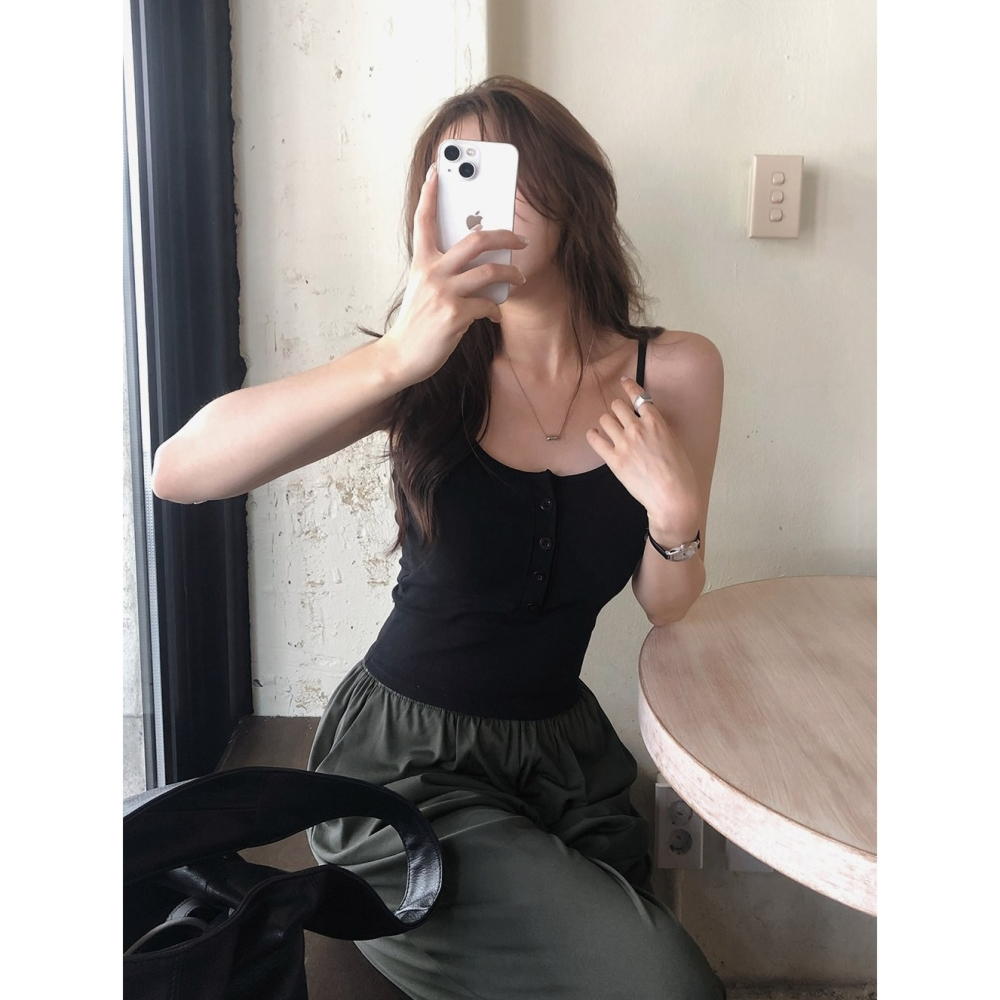 素色/條紋 正韓製有胸墊細肩帶背心 sleeveless 4色 （ slowand 自訂款 ） 無袖 上衣 吊帶 罩杯-細節圖5