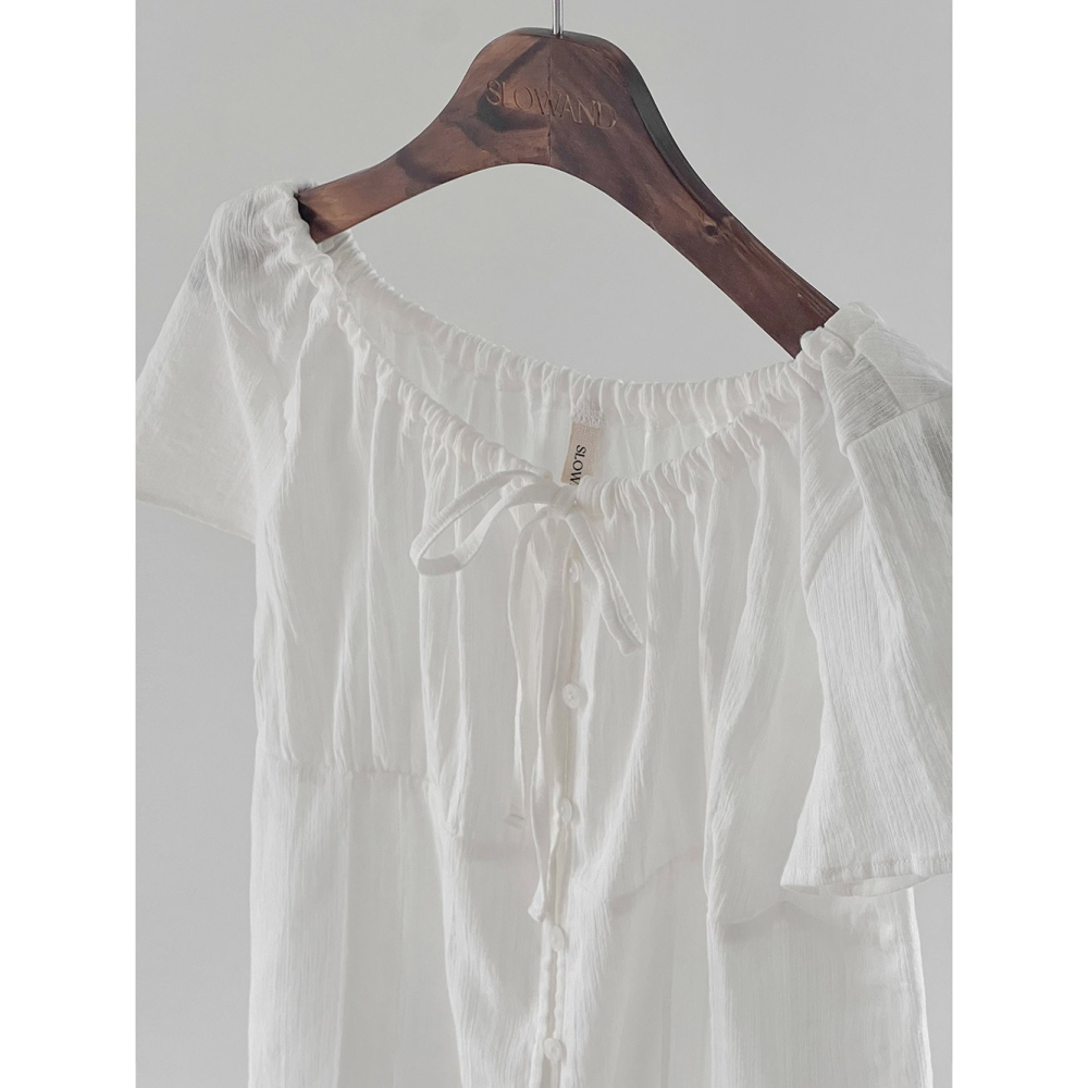 正韓製Sand褶皺短袖襯衫 blouse 2色 ( slowand 自訂款 ) 短袖 上衣 蝴蝶結 綁帶 腰身-細節圖2