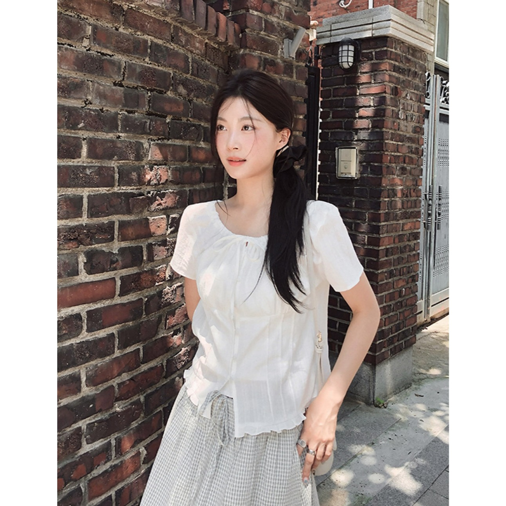 正韓製Sand褶皺短袖襯衫 blouse 2色 ( slowand 自訂款 ) 短袖 上衣 蝴蝶結 綁帶 腰身-細節圖3