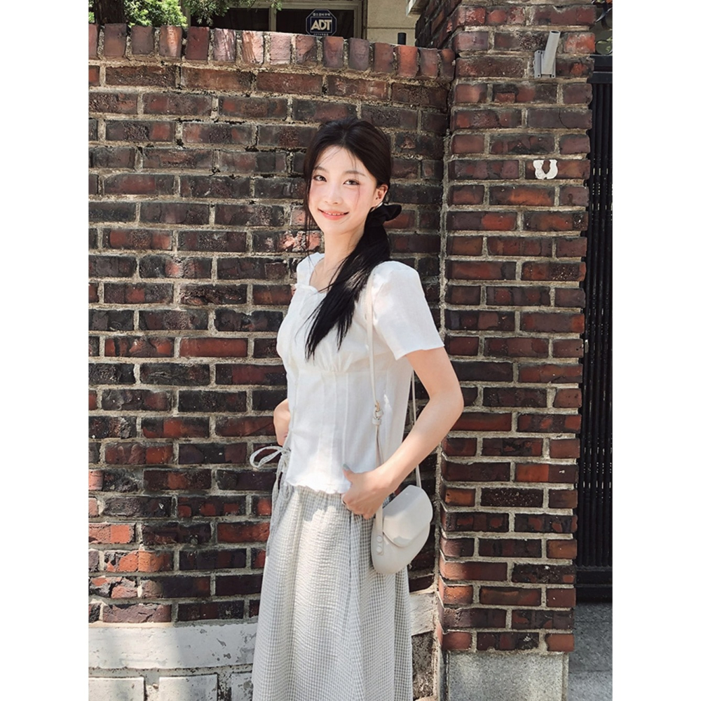 正韓製Sand褶皺短袖襯衫 blouse 2色 ( slowand 自訂款 ) 短袖 上衣 蝴蝶結 綁帶 腰身-細節圖4