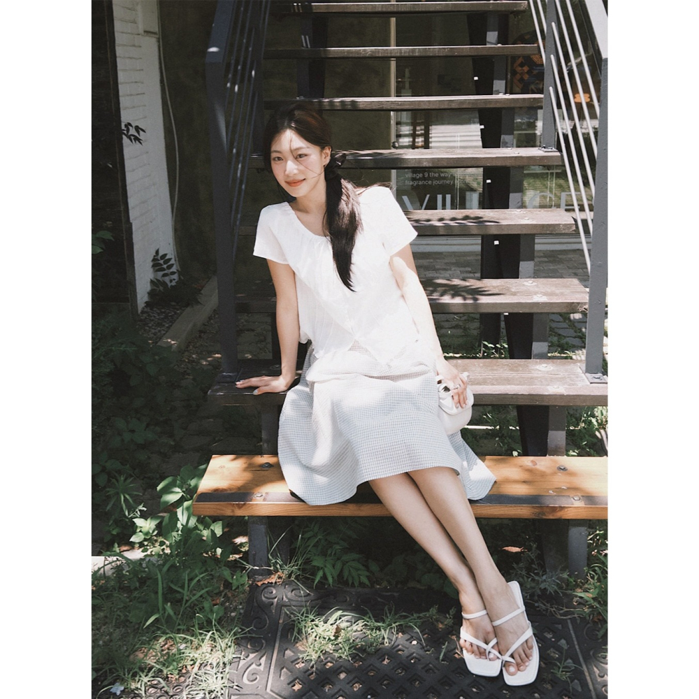 正韓製Sand褶皺短袖襯衫 blouse 2色 ( slowand 自訂款 ) 短袖 上衣 蝴蝶結 綁帶 腰身-細節圖5