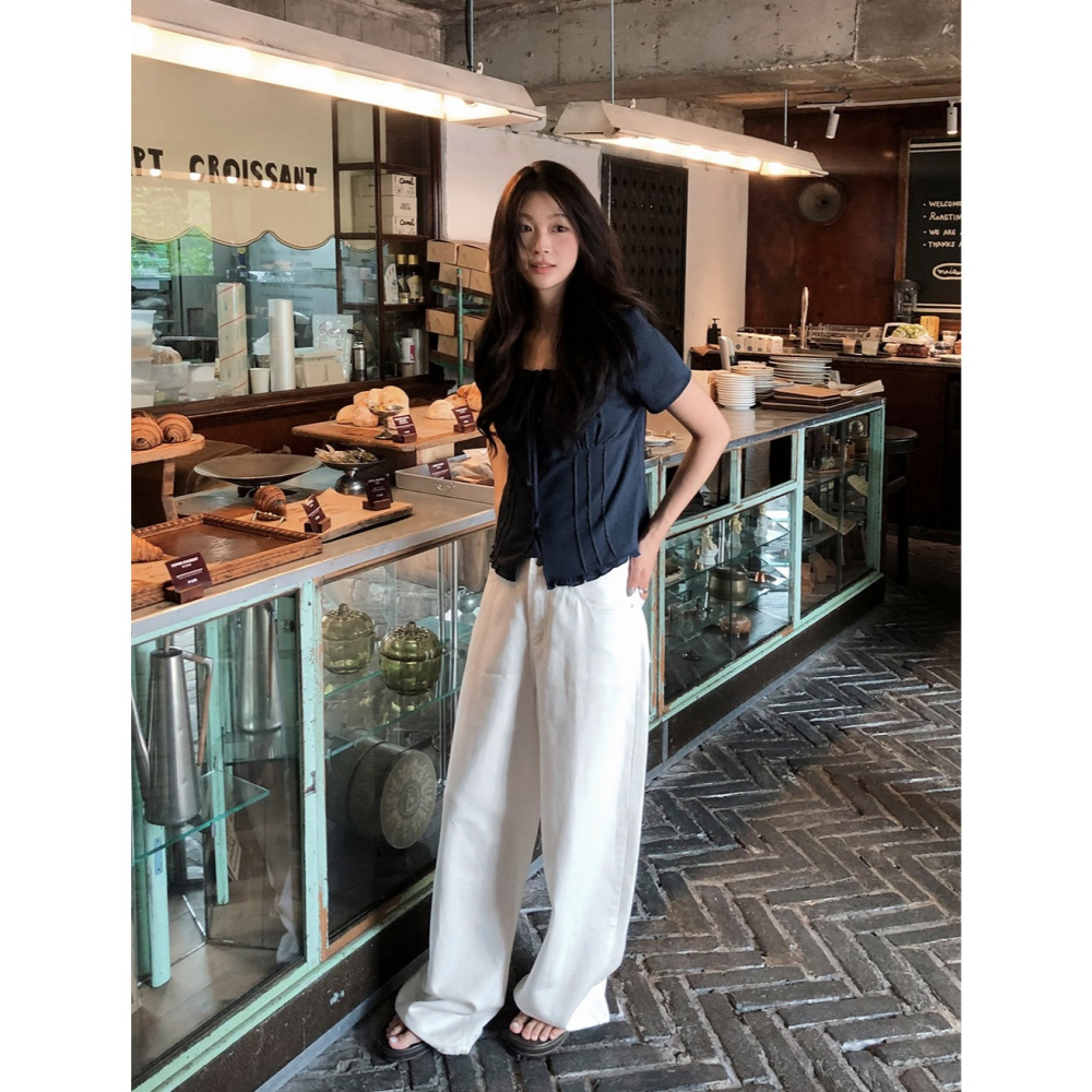 正韓製Sand褶皺短袖襯衫 blouse 2色 ( slowand 自訂款 ) 短袖 上衣 蝴蝶結 綁帶 腰身-細節圖6