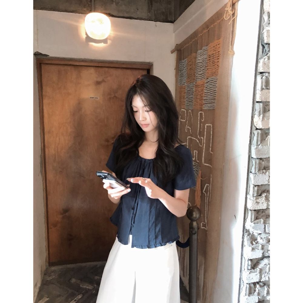 正韓製Sand褶皺短袖襯衫 blouse 2色 ( slowand 自訂款 ) 短袖 上衣 蝴蝶結 綁帶 腰身-細節圖7