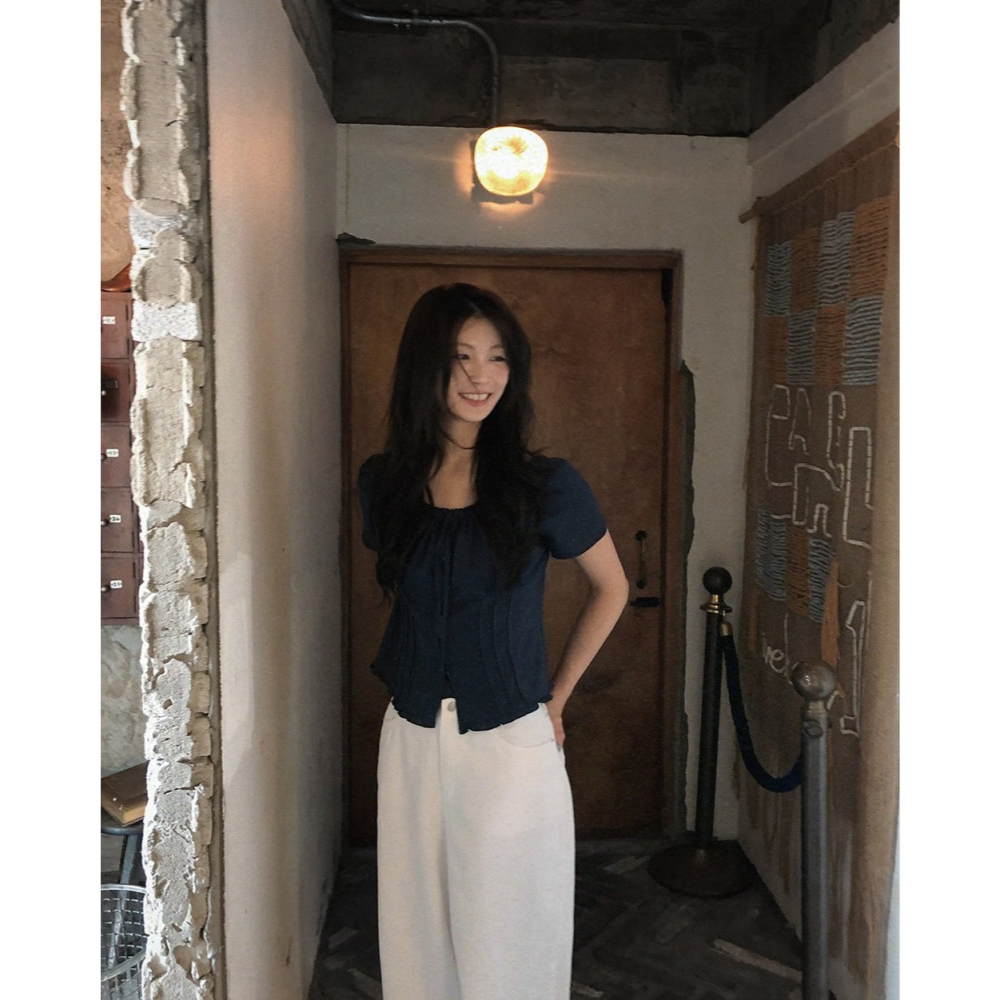 正韓製Sand褶皺短袖襯衫 blouse 2色 ( slowand 自訂款 ) 短袖 上衣 蝴蝶結 綁帶 腰身-細節圖8