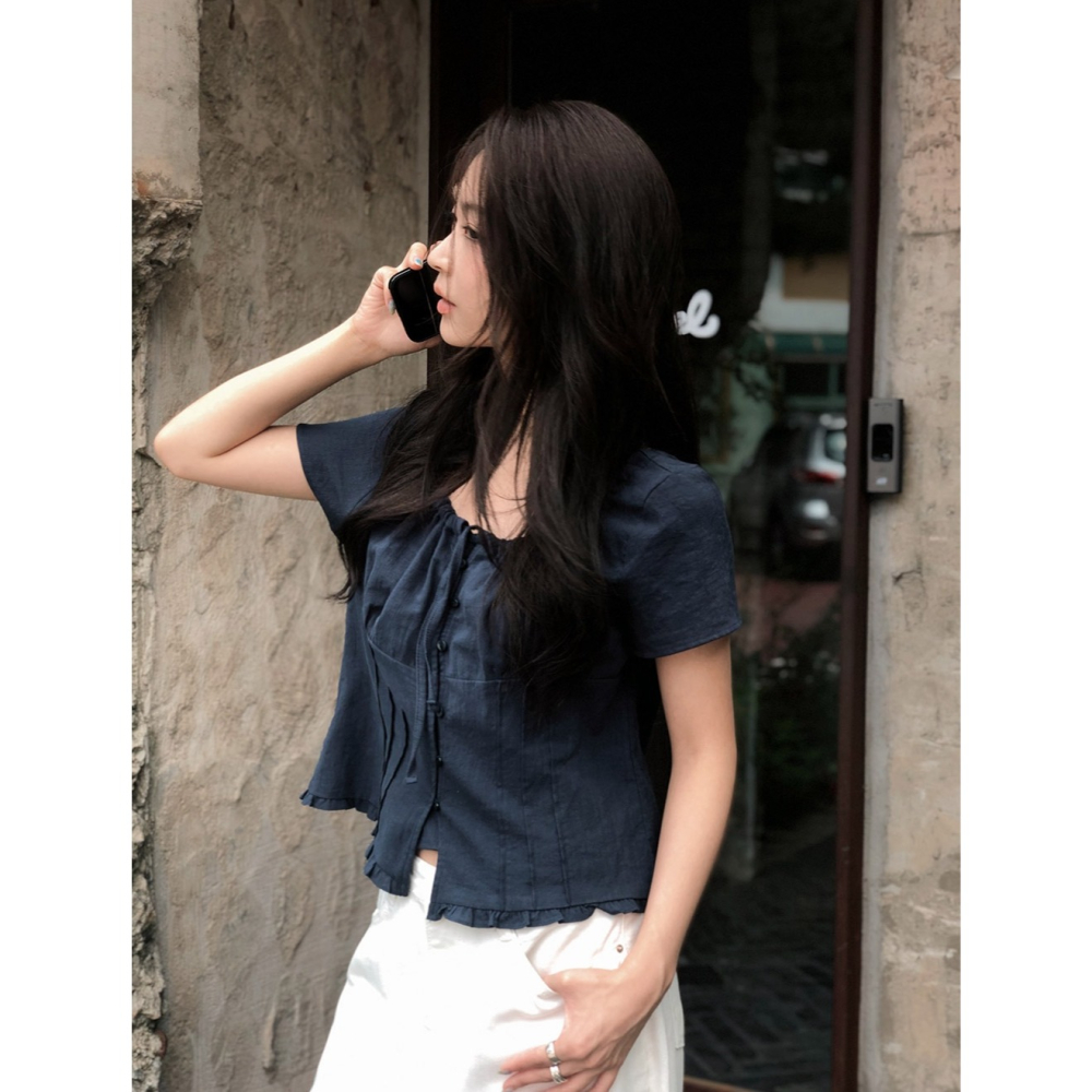 正韓製Sand褶皺短袖襯衫 blouse 2色 ( slowand 自訂款 ) 短袖 上衣 蝴蝶結 綁帶 腰身-細節圖9