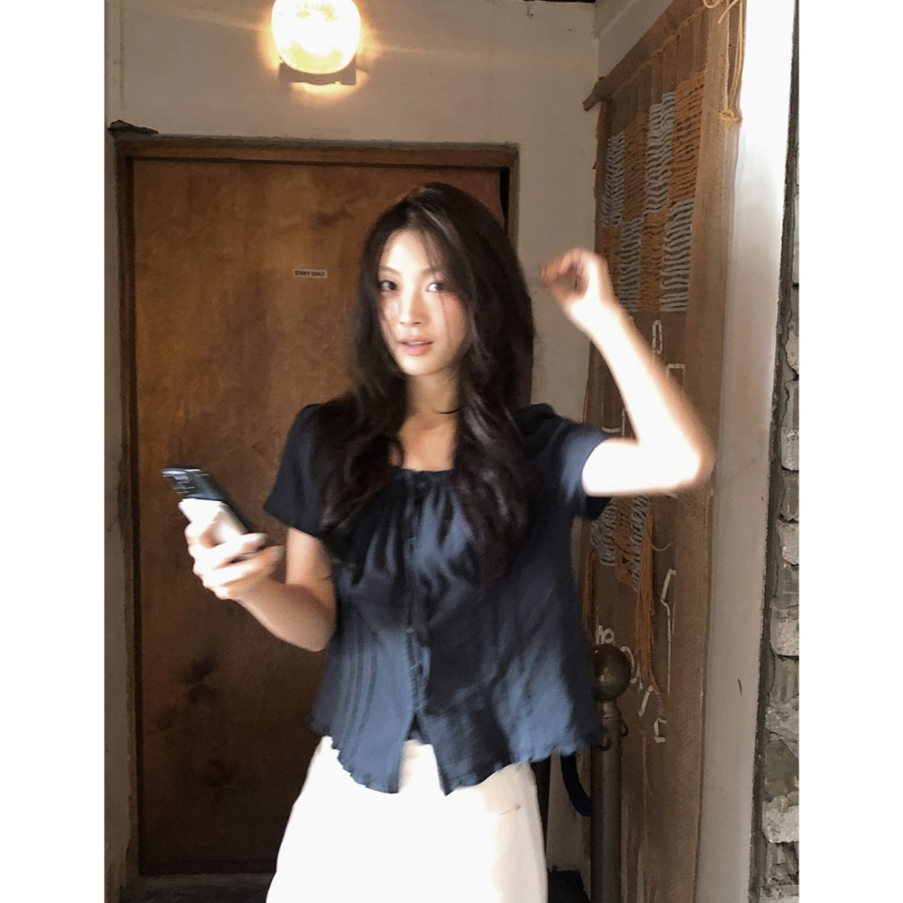 正韓製Sand褶皺短袖襯衫 blouse 2色 ( slowand 自訂款 ) 短袖 上衣 蝴蝶結 綁帶 腰身-細節圖10