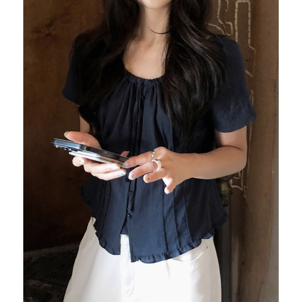 正韓製Sand褶皺短袖襯衫 blouse 2色 ( slowand 自訂款 ) 短袖 上衣 蝴蝶結 綁帶 腰身-細節圖11