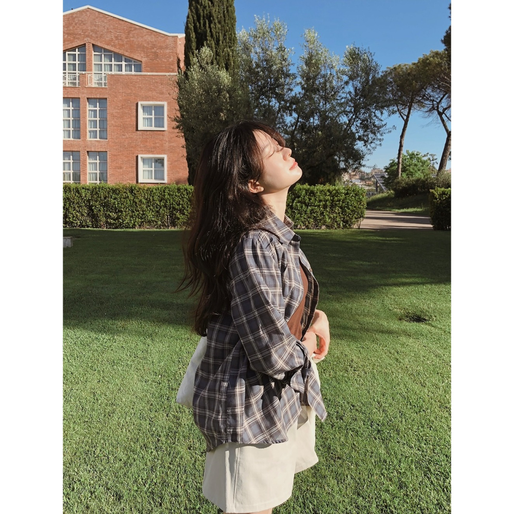🍂 正韓製秋天沈穩色系格紋襯衫 shirt （ slowand 自訂款 ） 長袖 外套 上衣-細節圖2