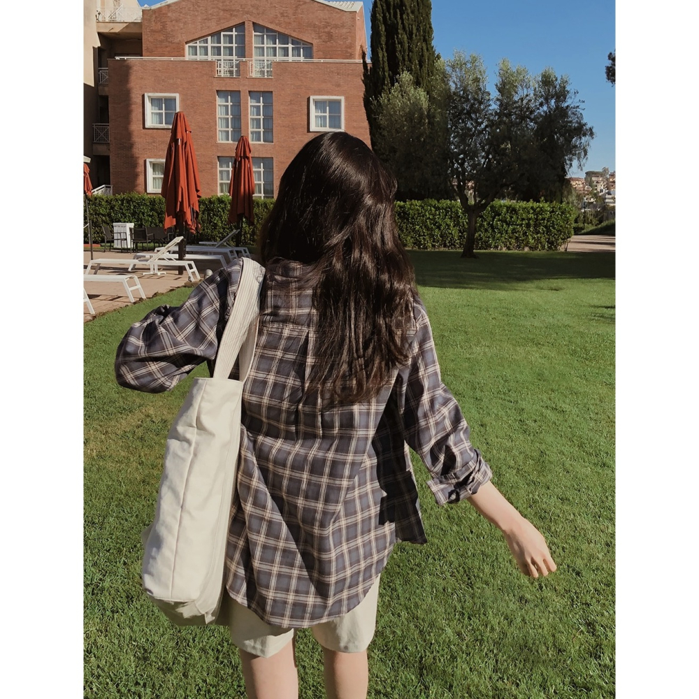 🍂 正韓製秋天沈穩色系格紋襯衫 shirt （ slowand 自訂款 ） 長袖 外套 上衣-細節圖3