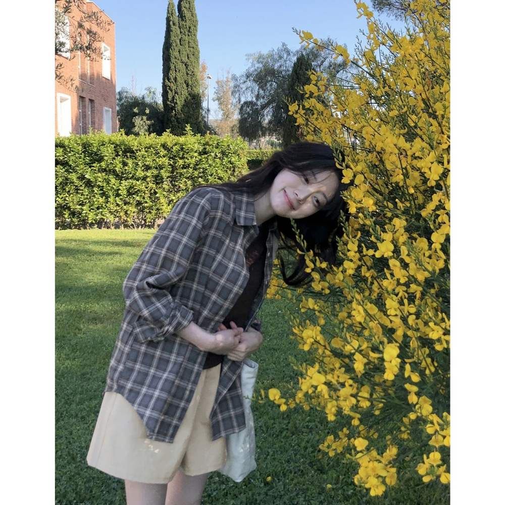 🍂 正韓製秋天沈穩色系格紋襯衫 shirt （ slowand 自訂款 ） 長袖 外套 上衣-細節圖5