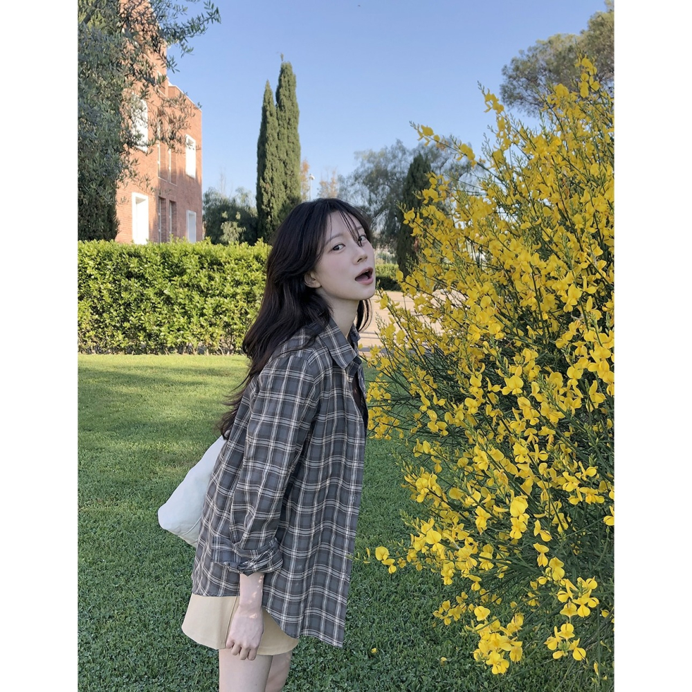 🍂 正韓製秋天沈穩色系格紋襯衫 shirt （ slowand 自訂款 ） 長袖 外套 上衣-細節圖6