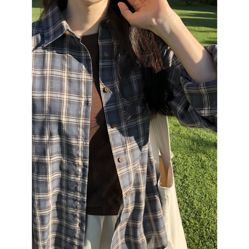 🍂 正韓製秋天沈穩色系格紋襯衫 shirt （ slowand 自訂款 ） 長袖 外套 上衣-細節圖8