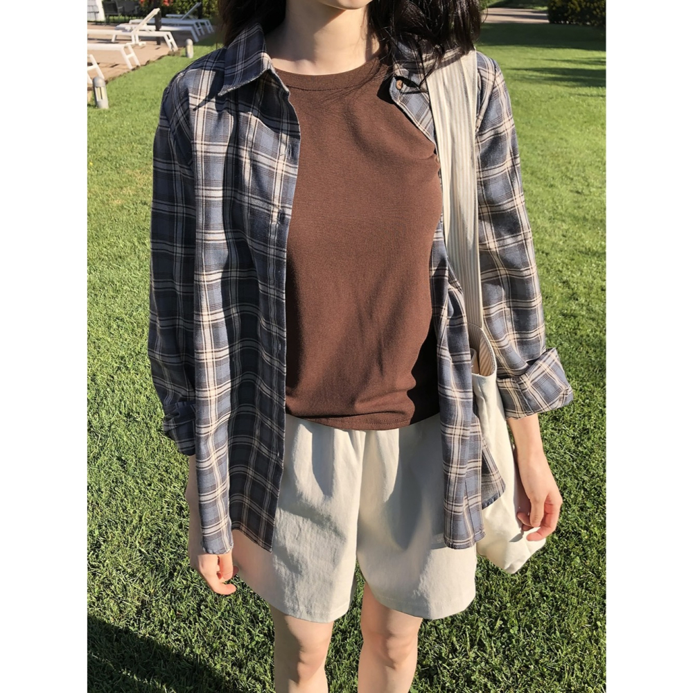 🍂 正韓製秋天沈穩色系格紋襯衫 shirt （ slowand 自訂款 ） 長袖 外套 上衣-細節圖9