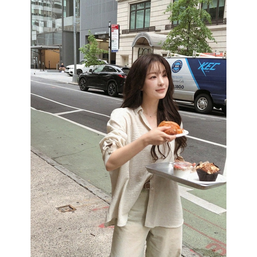 正韓製自然紋路亞麻襯衫 shirt 2色 ( slowand 自訂款 ) 褶皺感 長袖 上衣 寬鬆 外套-細節圖2