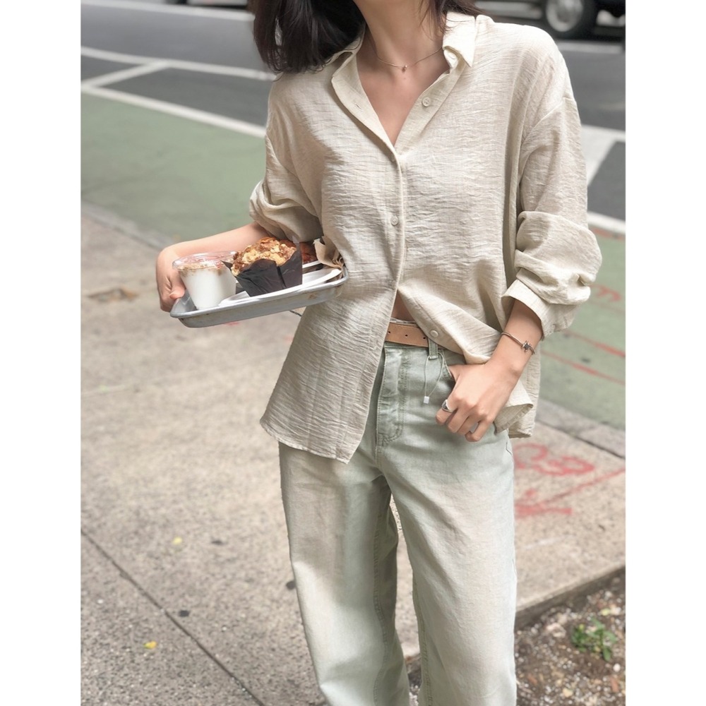 正韓製自然紋路亞麻襯衫 shirt 2色 ( slowand 自訂款 ) 褶皺感 長袖 上衣 寬鬆 外套-細節圖3