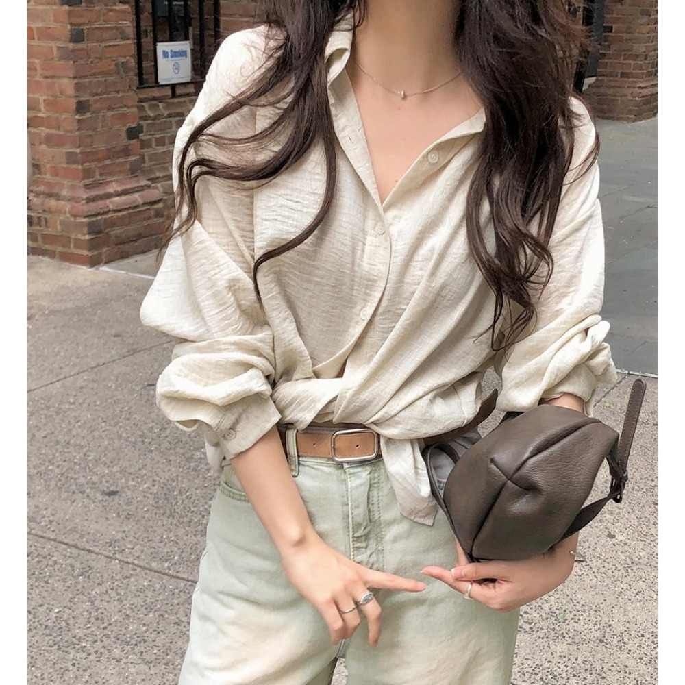 正韓製自然紋路亞麻襯衫 shirt 2色 ( slowand 自訂款 ) 褶皺感 長袖 上衣 寬鬆 外套-細節圖5
