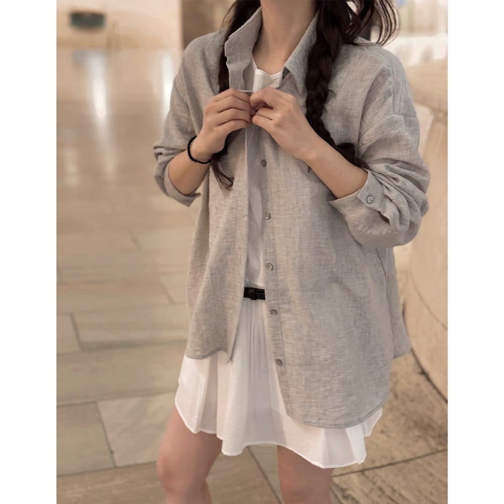 正韓製自然紋路亞麻襯衫 shirt 2色 ( slowand 自訂款 ) 褶皺感 長袖 上衣 寬鬆 外套-細節圖6