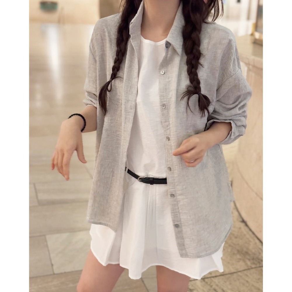 正韓製自然紋路亞麻襯衫 shirt 2色 ( slowand 自訂款 ) 褶皺感 長袖 上衣 寬鬆 外套-細節圖8