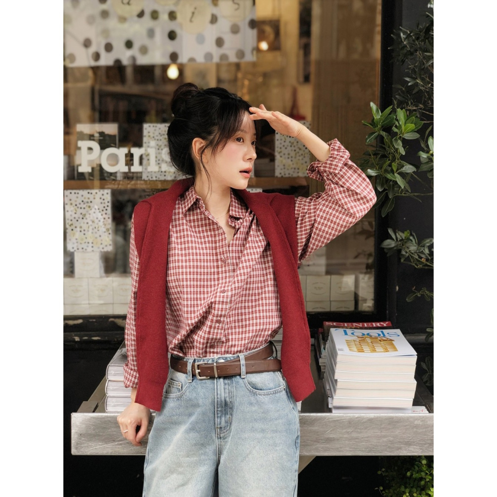 🍂 正韓製水洗英倫格紋襯衫 shirt （ slowand 自訂款 ） 長袖 上衣-細節圖2