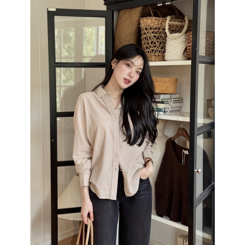 🍂 正韓製水洗英倫格紋襯衫 shirt （ slowand 自訂款 ） 長袖 上衣-細節圖6