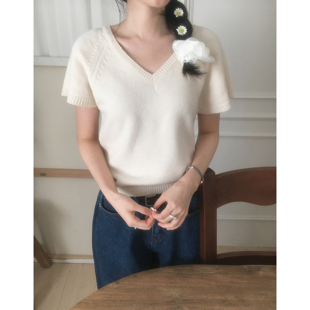 🍂 正韓製-3kg柔軟修身短袖上衣 knit （ slowand 自訂款 ） 針織 毛衣 換季 V領尺寸：Free,平-細節圖5