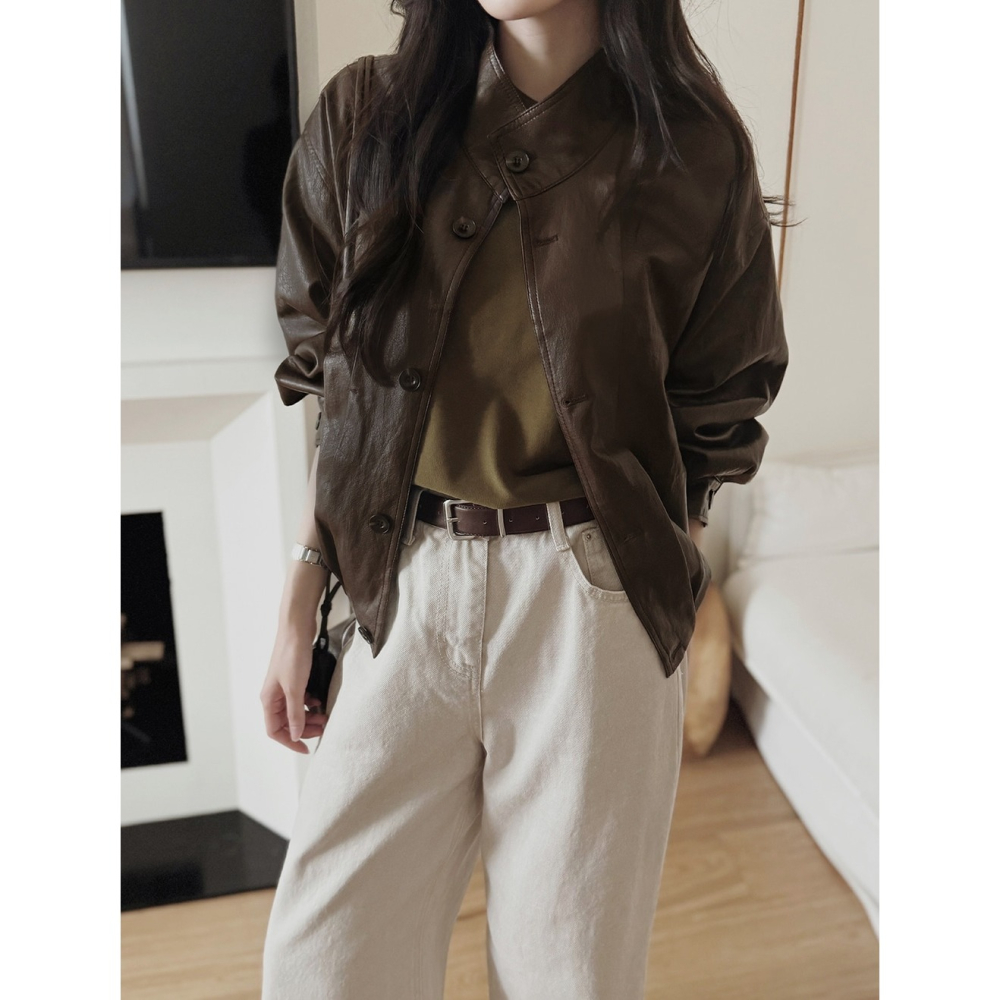 外套+包包✿ 裂紋感皮質外套 jacket （ slowand 自訂款 ） 長袖 夾克 皮衣 皮外套-細節圖4