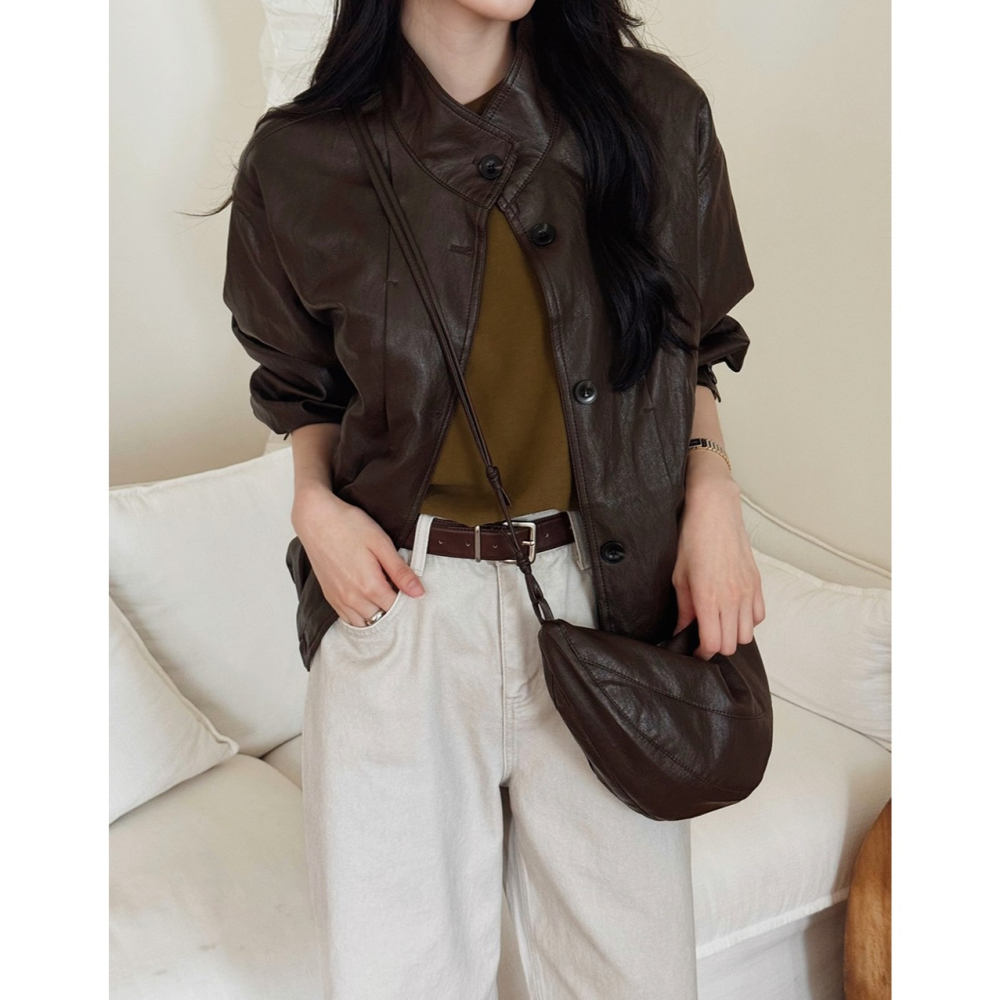 外套+包包✿ 裂紋感皮質外套 jacket （ slowand 自訂款 ） 長袖 夾克 皮衣 皮外套-細節圖5