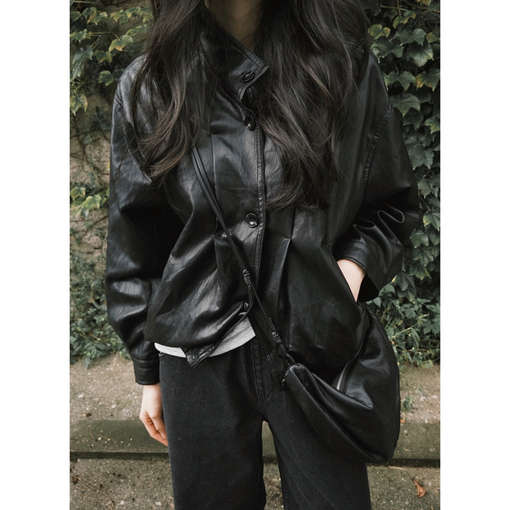 外套+包包✿ 裂紋感皮質外套 jacket （ slowand 自訂款 ） 長袖 夾克 皮衣 皮外套-細節圖11