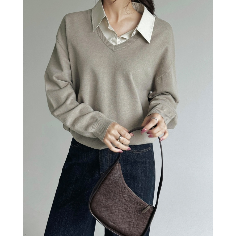 寬鬆毛衣拼接襯衫假兩件上衣 knit 4色 ( slowand 自訂款 ) 長袖 翻領 英倫-細節圖4
