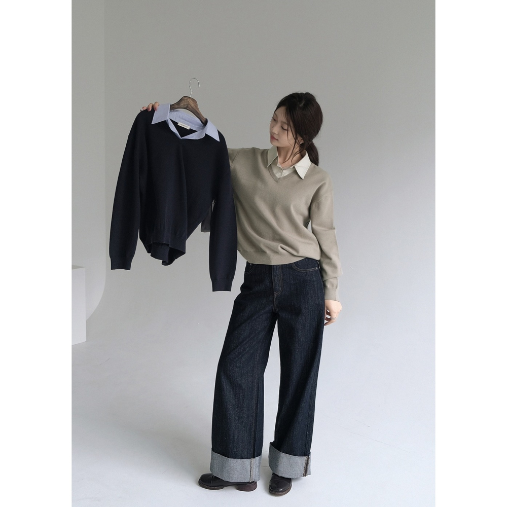 寬鬆毛衣拼接襯衫假兩件上衣 knit 4色 ( slowand 自訂款 ) 長袖 翻領 英倫-細節圖5